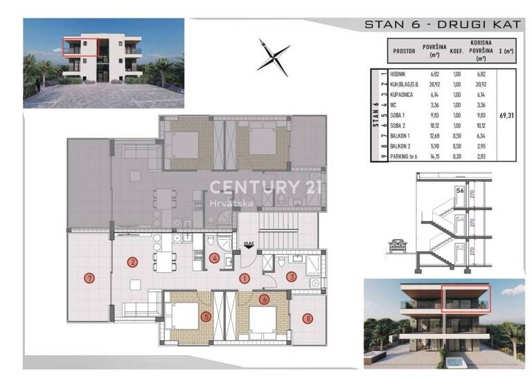 Wohnung zum Kauf 291.102 € 2 Zimmer 69 m² 2. Geschoss Rogoznica