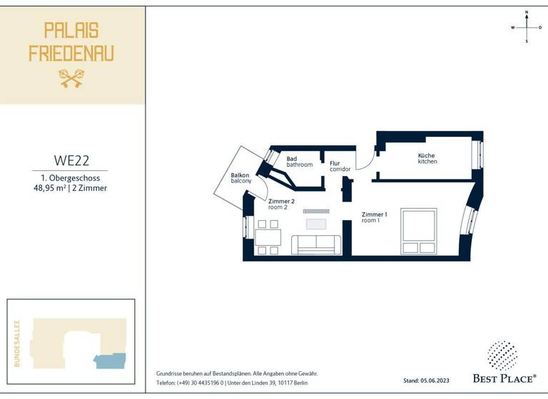 Wohnung zum Kauf provisionsfrei 245.000 € 2 Zimmer 49 m²<br/>Wohnfläche 1.<br/>Geschoss Bundesallee 111 Friedenau Berlin 12161