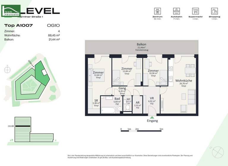 Wohnung zur Miete - Erstbezug 1.120 € 4 Zimmer 88,5 m² 10. Geschoss frei ab 01.05.2026 Kärntner Straße 1 Gries Graz 8020