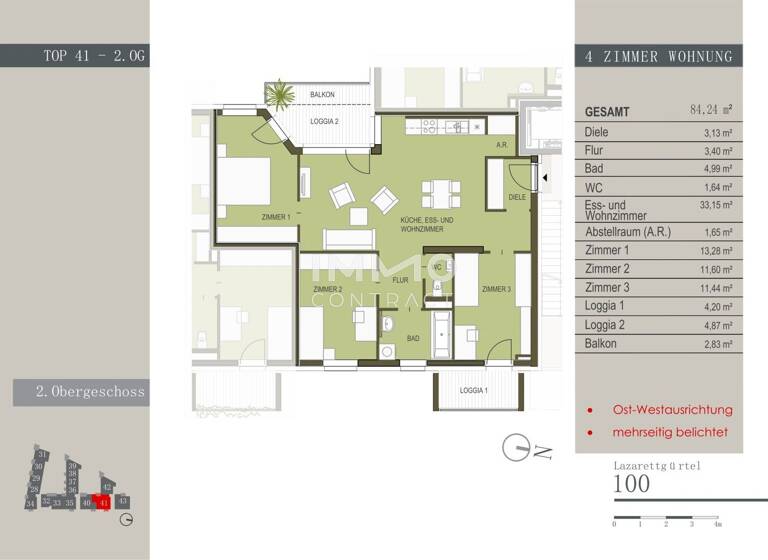 Wohnung zur Miete 702 € 4 Zimmer 84,2 m² 2. Geschoss Lazarettgürtel 100 Gries Graz 8020