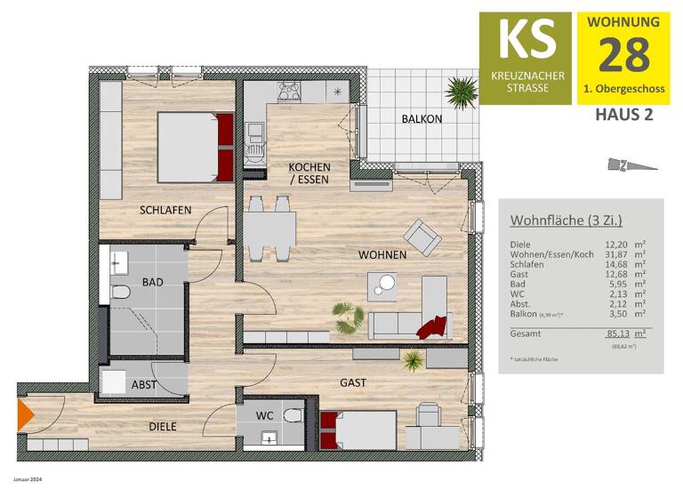 Wohnung zur Miete 1.860 € 3 Zimmer 85,1 m² 1. Geschoss Zollstock Köln 50968