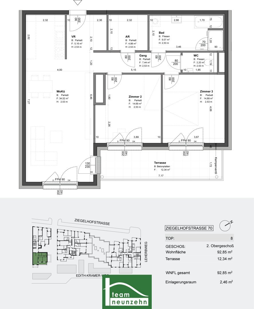 Wohnung zum Kauf provisionsfrei 481.989 € 3 Zimmer 92,2 m²<br/>Wohnfläche 2.<br/>Geschoss Ziegelhofstraße 70 Wien 1220