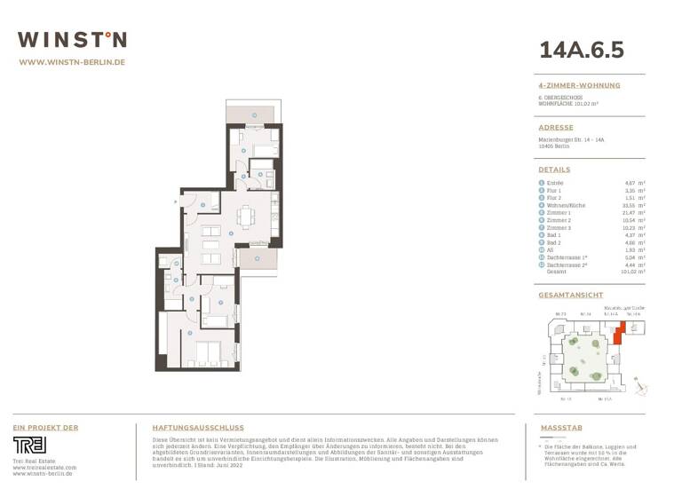 Wohnung zur Miete 2.706 € 4 Zimmer 101 m² 6. Geschoss frei ab 01.05.2026 Marienburger Straße 14A Prenzlauer Berg Berlin 10405