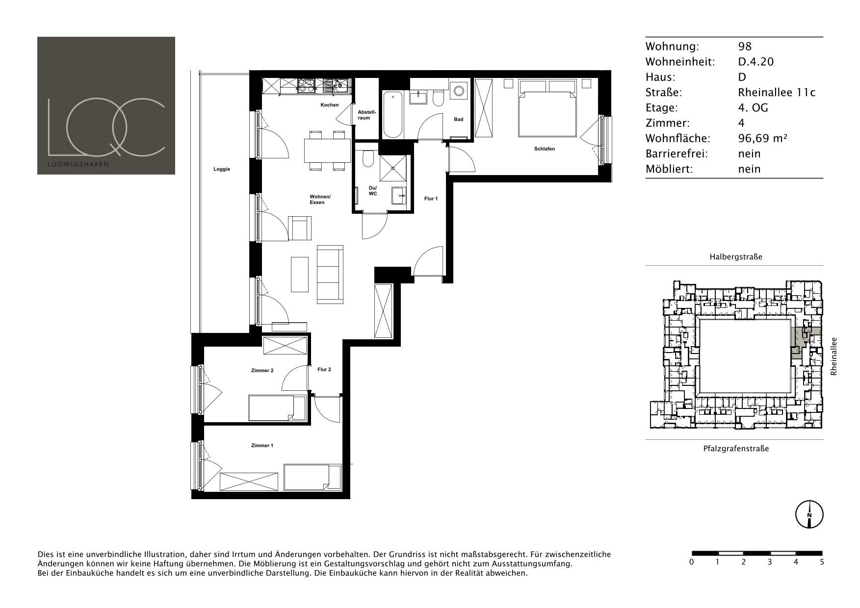 Wohnung zur Miete 1.255 € 4 Zimmer 96,7 m²<br/>Wohnfläche 4.<br/>Geschoss 01.12.2024<br/>Verfügbarkeit Rheinallee 11c Süd / Stadtbezirk 123 Ludwigshafen am Rhein 67061