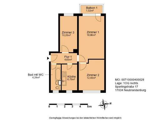 Wohnung zur Miete 448 € 3 Zimmer 59,7 m² 1. Geschoss frei ab 01.04.2026 Sperlingstraße 17 Vogelviertel Neubrandenburg 17034