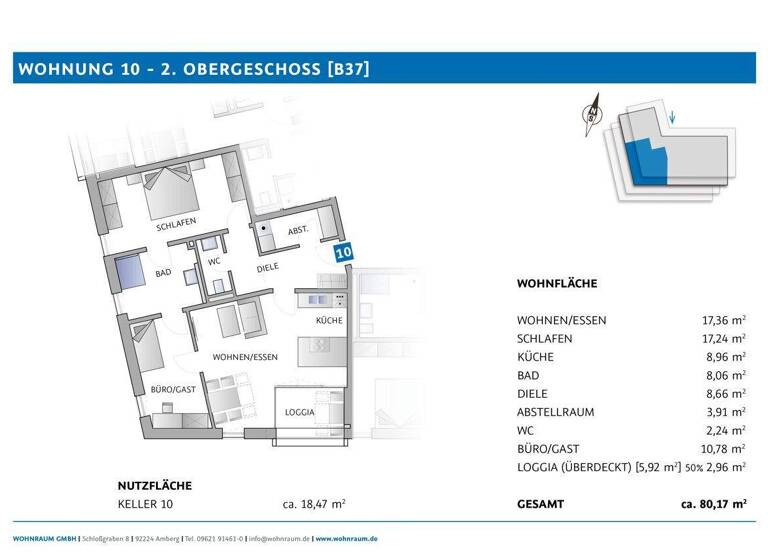 Wohnung zum Kauf - Erstbezug provisionsfrei 418.795 € 2 Zimmer 80,2 m² 2. Geschoss Bäumlstraße 37 Amberg 92224