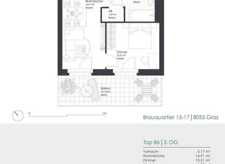 Wohnung zur Miete 411 € 2 Zimmer 35,1 m² 3. Geschoss frei ab 01.05.2026 Brauquartier 15-17 Puntigam Graz 8055