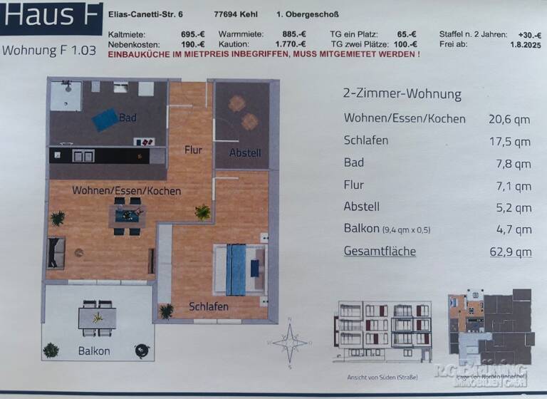 Wohnung zur Miete 695 € 2 Zimmer 62,9 m²<br/>Wohnfläche 1.<br/>Geschoss 01.08.2025<br/>Verfügbarkeit Kehl - Sundheim Kehl 77694