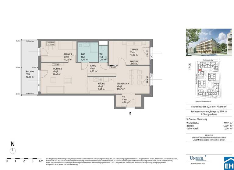 Wohnung zur Miete - Erstbezug 811 € 3 Zimmer 78 m² 2. Geschoss Fuchsenstraße Pixendorf 3451