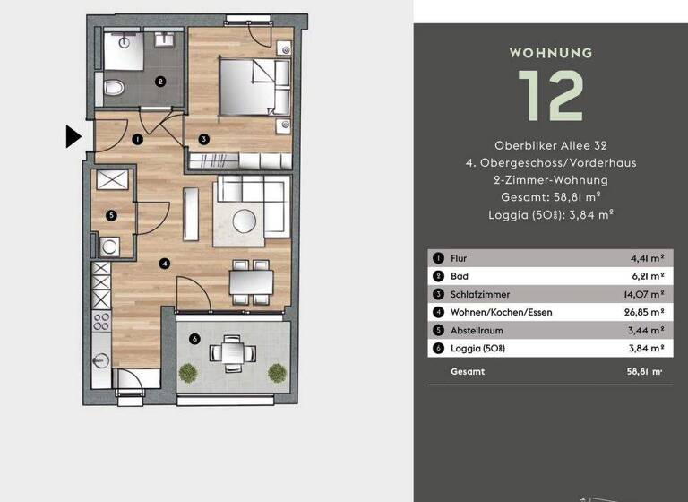 Wohnung zum Kauf - Erstbezug provisionsfrei 499.000 € 2 Zimmer 58,8 m² 4. Geschoss Friedrichstadt Düsseldorf / Friedrichstadt 40215