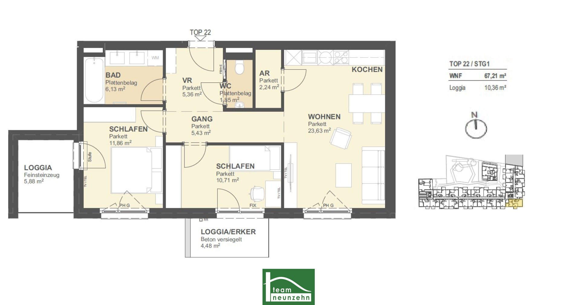 Wohnung zum Kauf provisionsfrei 413.200 € 3 Zimmer 67,4 m²<br/>Wohnfläche 2.<br/>Geschoss Tokiostraße 5 Wien 1220