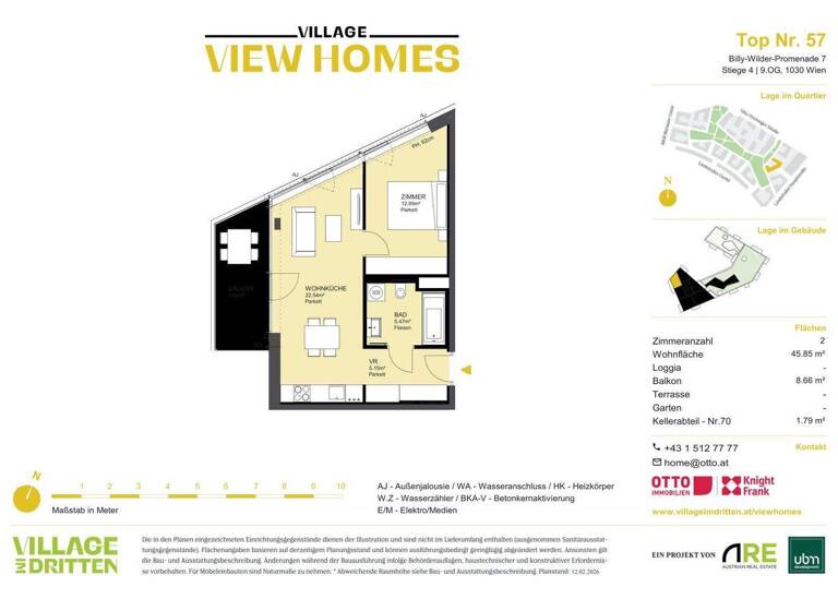 Wohnung zum Kauf - Erstbezug 462.000 € 2 Zimmer 45,9 m² 9. Geschoss Wien 1030