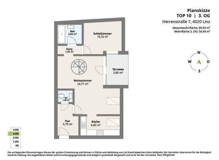 Wohnung zur Miete 899 € 3 Zimmer 89,9 m² frei ab 01.04.2026 Herrenstraße 7 Linz 4020