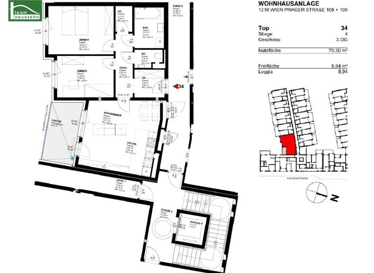 Wohnung zur Miete 997 € 3 Zimmer 70,3 m² 3. Geschoss frei ab 01.07.2026 Prager Straße 105 + 109 Wien 1210
