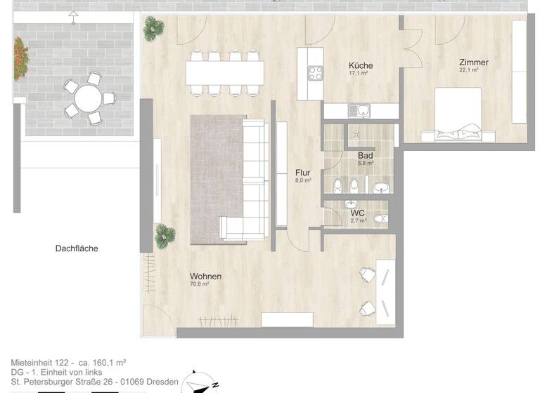 Penthouse zur Miete 1.607 € 2 Zimmer 160,7 m²<br/>Wohnfläche 12.<br/>Geschoss St. Petersburger Str. 26 Seevorstadt-Ost (Prager Str.) Dresden 01069