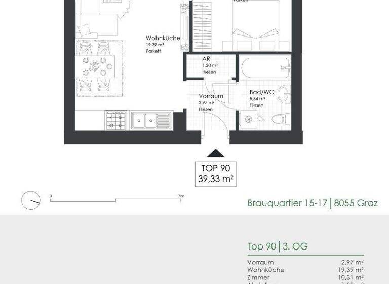Wohnung zur Miete 461 € 2 Zimmer 39,3 m² 3. Geschoss Brauquartier 15-17 Puntigam Graz 8055