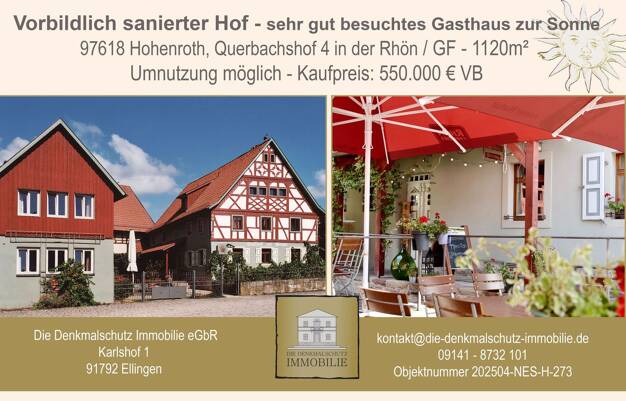 Gastronomie/Hotel zum Kauf 550.000 € 260,7 m² Gastrofläche 1.120 m² Grundstück Querbachshof 4 Leutershausen Hohenroth 97618