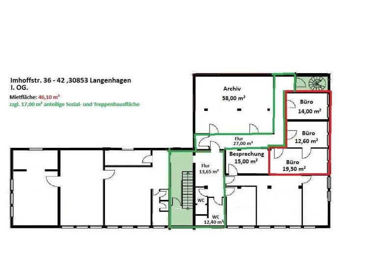 Bürofläche zur Miete 600 € 3 Zimmer 63,1 m² Bürofläche Imhoffstr. 36 -42 Alt-Langenhagen Langenhagen 30853