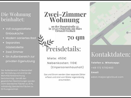 Wohnung zur Miete 450 € 2 Zimmer 70 m² frei ab 01.10.2026 Freiheit Osterode 37520