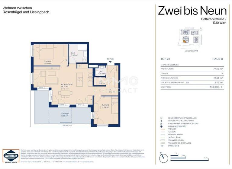 Wohnung zum Kauf - Erstbezug provisionsfrei 539.000 € 3 Zimmer 77,5 m² 5. Geschoss Wien 1230