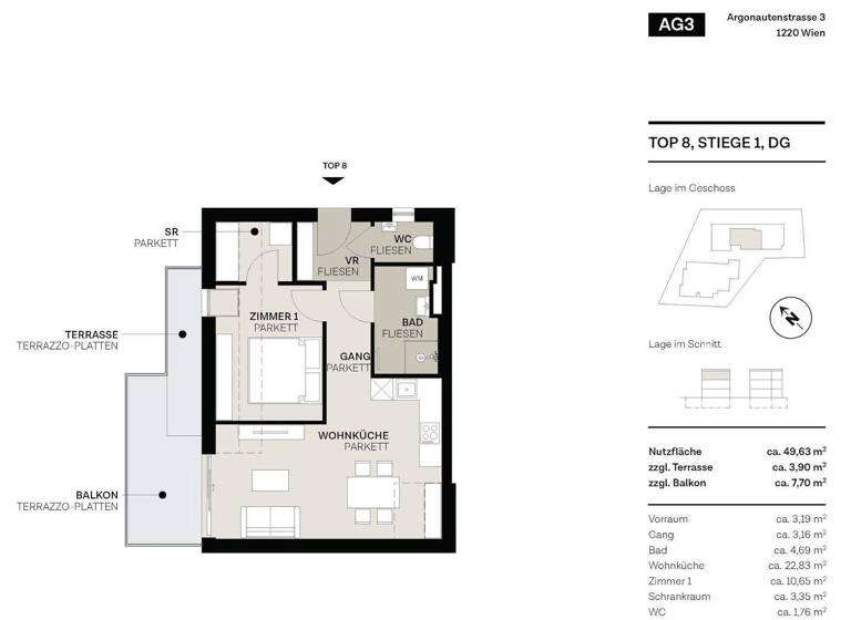 Wohnung zum Kauf - Erstbezug 469.000 € 2 Zimmer 49,6 m² Wien, Donaustadt 1220