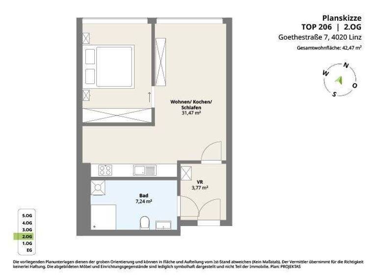 Wohnung zur Miete - Erstbezug 616 € 2 Zimmer 42,5 m² 2. Geschoss frei ab 01.03.2026 Goethestraße 7 Linz 4020