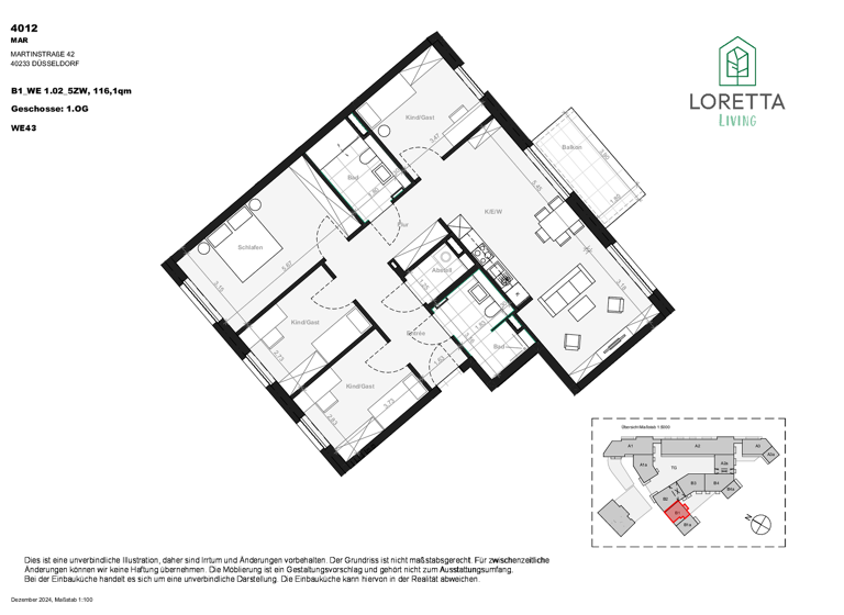 Wohnung zur Miete - Erstbezug 2.180 € 5 Zimmer 116,1 m² 1. Geschoss Martinstr. 42g Bilk Düsseldorf 40223