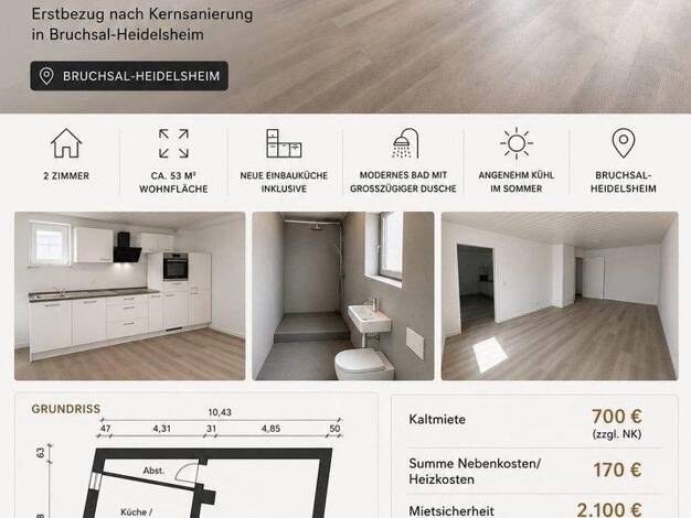 Wohnung zur Miete 700 € 2 Zimmer 53 m² EG frei ab 01.09.2026 Heidelsheim Bruchsal 76646