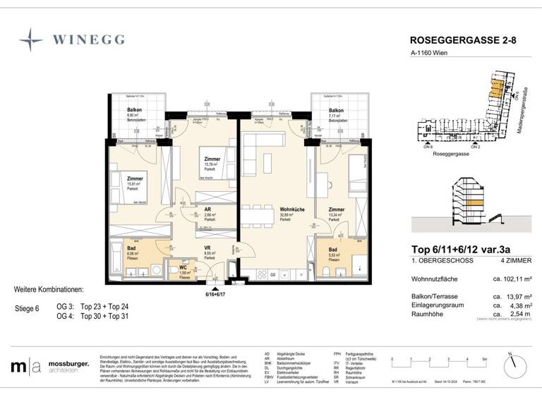 Wohnung zum Kauf - Erstbezug 702.600 € 4 Zimmer 102,1 m² 3. Geschoss Roseggergasse 2-8 Wien 1160