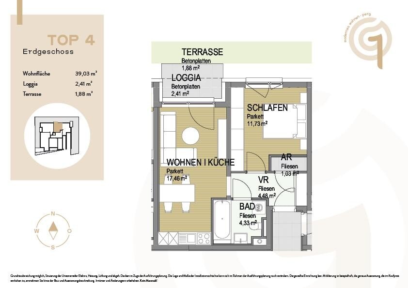 Wohnung zum Kauf 174.000 € 2 Zimmer 39 m²<br/>Wohnfläche EG<br/>Geschoss Gartenstraße 1 Perg 4320