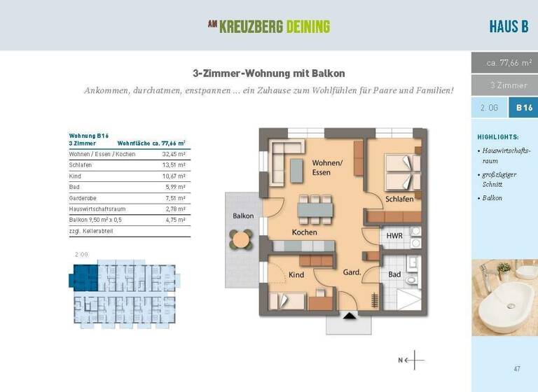 Wohnung zum Kauf 343.646 € 3 Zimmer 77,7 m² 2. Geschoss Deining 92364