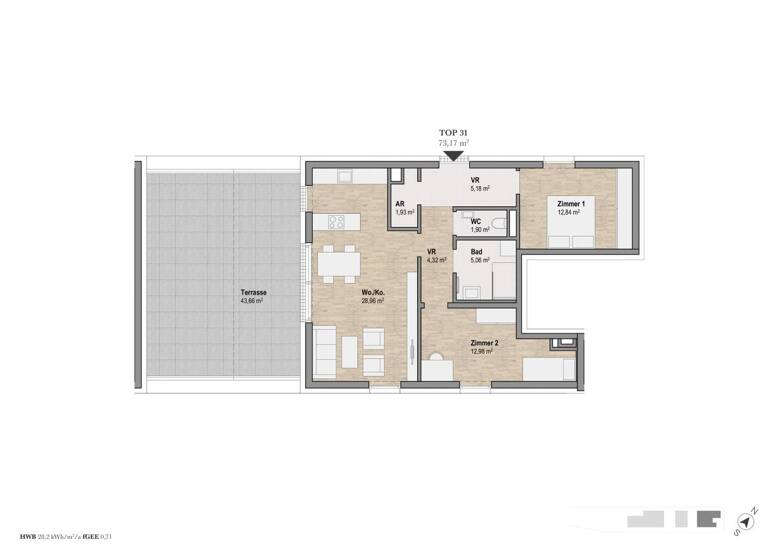 Penthouse zum Kauf - Erstbezug 628.505 € 3 Zimmer 73,2 m² 4. Geschoss Lindweg 13 Geidorf Graz 8010