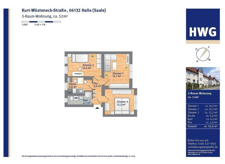 Wohnung zur Miete 377 € 3 Zimmer 52,2 m² 2. Geschoss frei ab 01.05.2026 Kurt-Wüsteneck-Straße 5b Ammendorf-Beesen Halle 06132