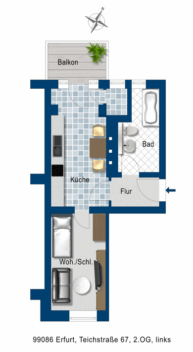 Wohnung zur Miete 306 € 1 Zimmer 38,1 m² 2. Geschoss Teichstr. 67 Ilversgehofen Erfurt 99086