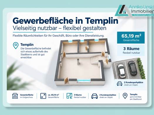 Wohn- und Geschäftshaus zur Miete provisionsfrei 6,90 € 3 Zimmer 65,2 m² Bürofläche Prenzlauer Allee 46 Templin Templin 17268
