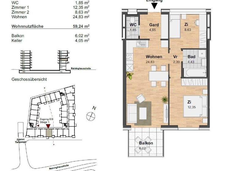 Wohnung zur Miete 800 € 3 Zimmer 59,2 m² 3. Geschoss frei ab 01.05.2026 Reininghausstraße 10 Eggenberg Graz 8020