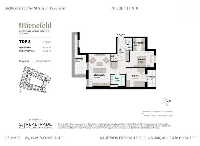 Wohnung zum Kauf 429.000 € 3 Zimmer 69,2 m² Wien 1220