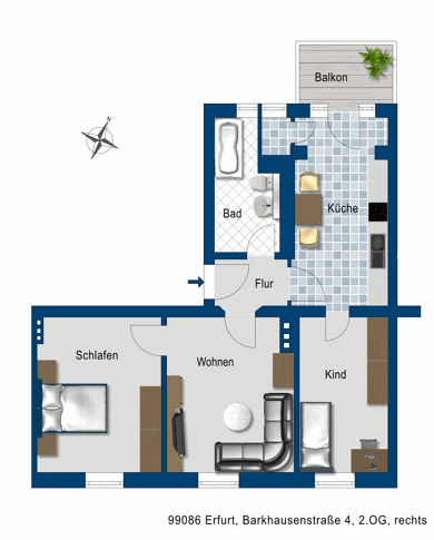 Wohnung zur Miete 559 € 3 Zimmer 69,6 m² 2. Geschoss Barkhausenstr. 4 Ilversgehofen Erfurt 99086