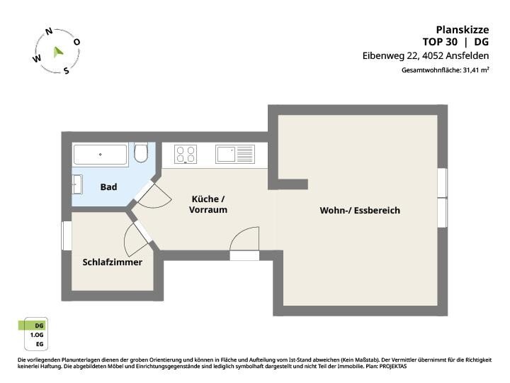 Wohnung zur Miete 356 € 1,5 Zimmer 31,4 m²<br/>Wohnfläche 2.<br/>Geschoss Eibenweg 22 Ansfelden 4052