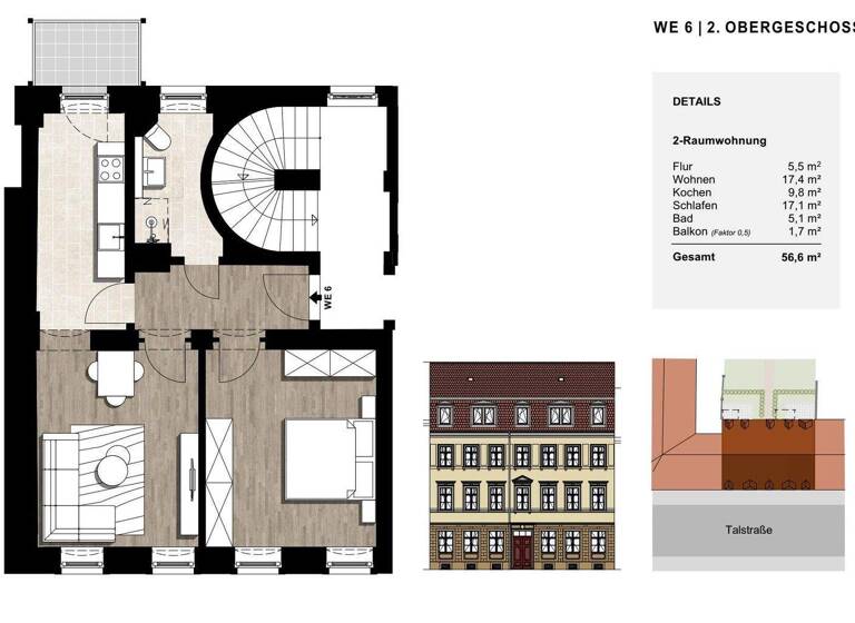 Wohnung zur Miete 906 € 2 Zimmer 56,6 m² 2. Geschoss frei ab 01.04.2026 Talstraße 16 Äußere Neustadt Dresden 01099