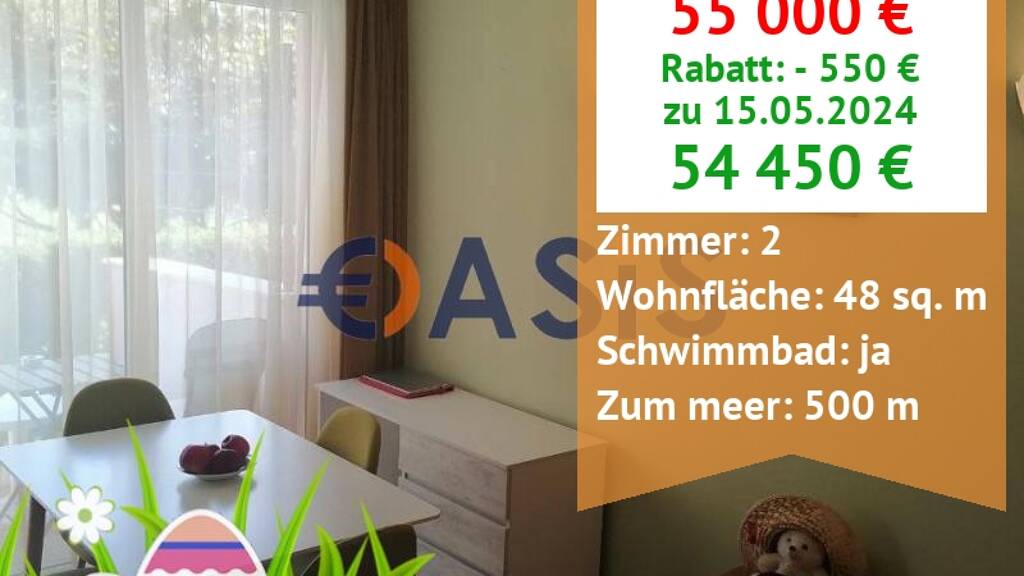 Studio zum Kauf provisionsfrei 54.450 € 2 Zimmer 48 m² 1. Geschoss Slanchev Bryag Sunny Beach 8230