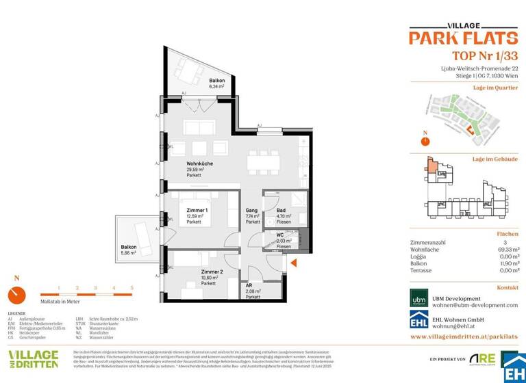 Wohnung zum Kauf - Erstbezug 614.000 € 3 Zimmer 69,3 m² 7. Geschoss Ljuba-Welitsch-Promenade 22 Wien 1030