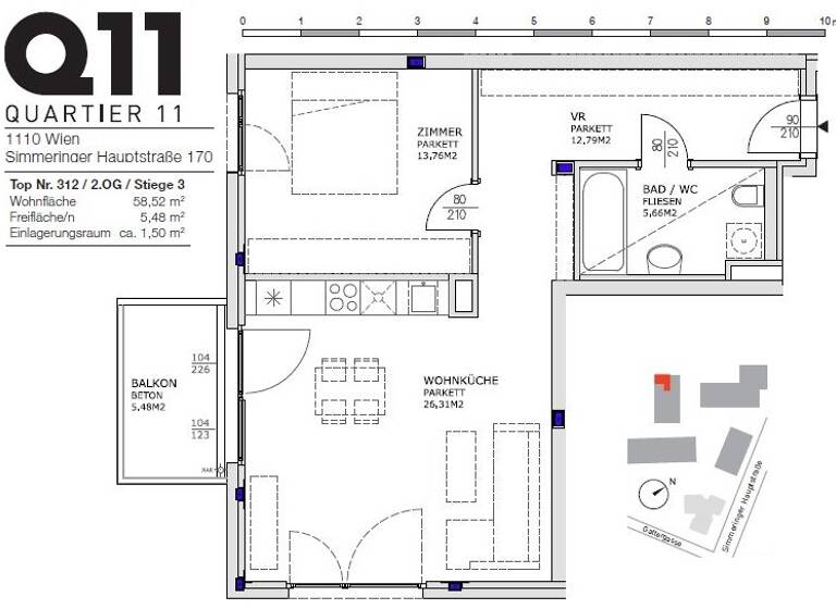 Wohnung zur Miete 737 € 2 Zimmer 58,5 m² 2. Geschoss Simmeringer Hauptstraße 170 Wien 1110