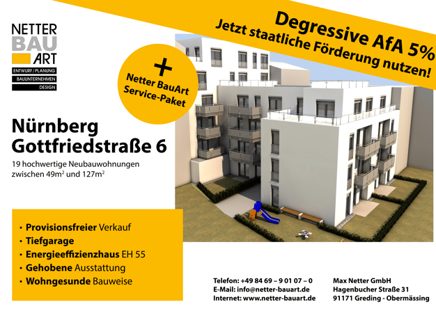 Wohnung zum Kauf - Neubau provisionsfrei 486.500 € 2 Zimmer 75,4 m² 1. Geschoss frei ab sofort Gottfriedstraße 6 St Peter Weiterer Innenstadtgürtel Süd 90478