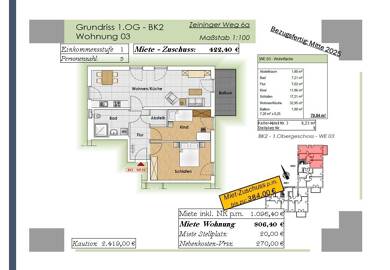 Wohnung zur Miete nur mit Wohnberechtigungsschein 422 € 3 Zimmer 79,8 m² 1. Geschoss Zeininger Weg 6a Wörth Wörth an der Donau 93086