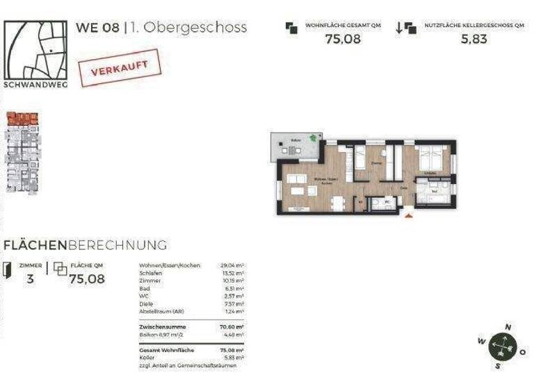 Wohnung zur Miete 1.150 € 3 Zimmer 75,1 m² 1. Geschoss frei ab sofort Im Schwandweg 43-45 Eigenes Heim Fürth 90766