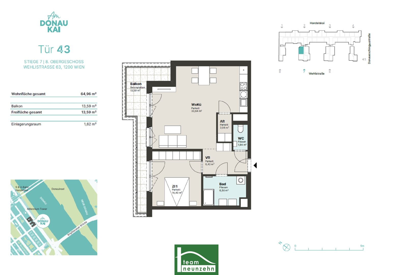 Wohnung zur Miete 946 € 2 Zimmer 64,5 m²<br/>Wohnfläche 8.<br/>Geschoss Handelskai 98-100 Wien 1200