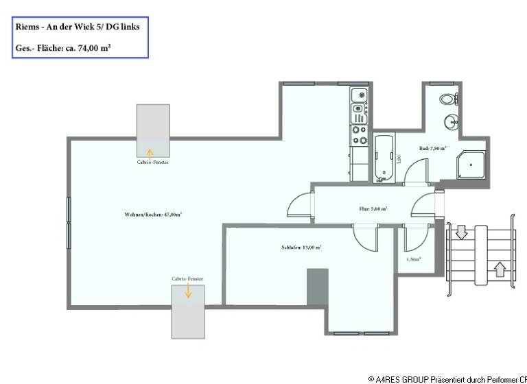 Wohnung zur Miete 898 € 2 Zimmer 74 m² Dachgeschoss An der Wiek 5 Riems Greifswald 17493