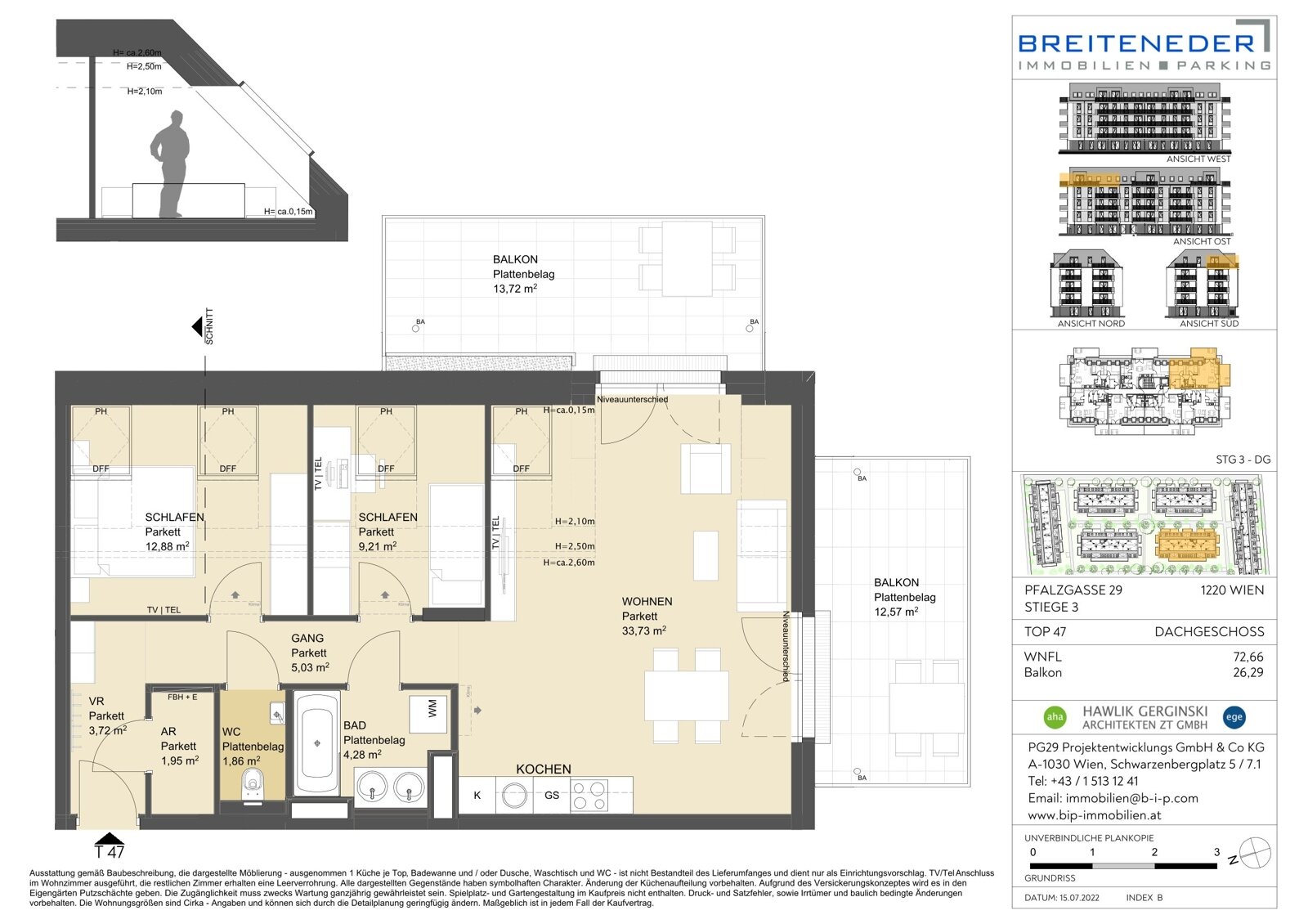 Wohnung zur Miete 1.217 € 3 Zimmer 72,7 m²<br/>Wohnfläche 4.<br/>Geschoss ab sofort<br/>Verfügbarkeit Pfalzgasse 29 Wien 1220