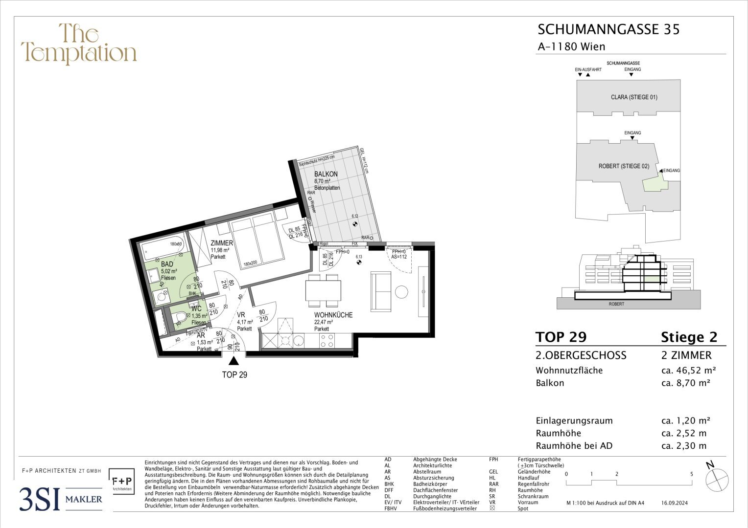 Wohnung zum Kauf 386.200 € 2 Zimmer 46,5 m²<br/>Wohnfläche 2.<br/>Geschoss Schumanngasse 35 Wien 1180